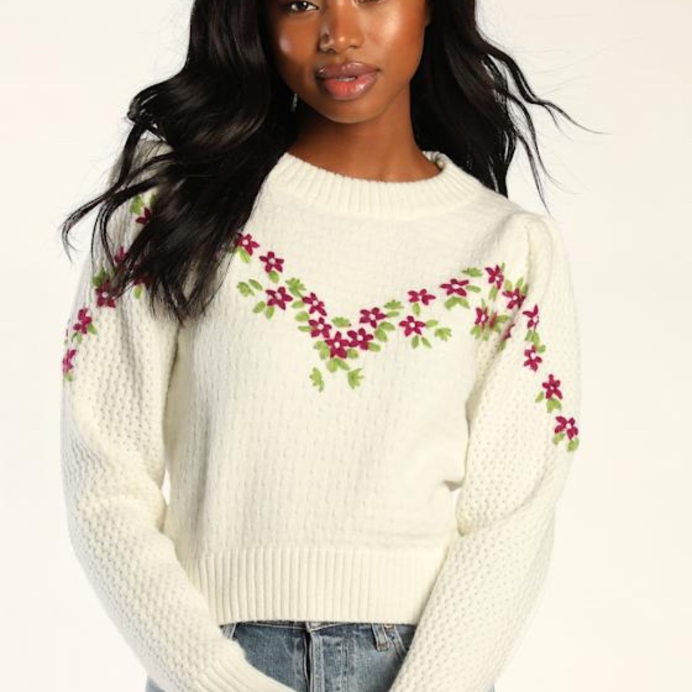 Lulus Charm You Ivory Floral Embroidered Sweater White - Size XS